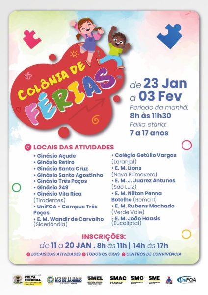 Inscrições para ‘Colônia de Férias de Verão’ em Volta Redonda encerram nesta sexta-feira, 20