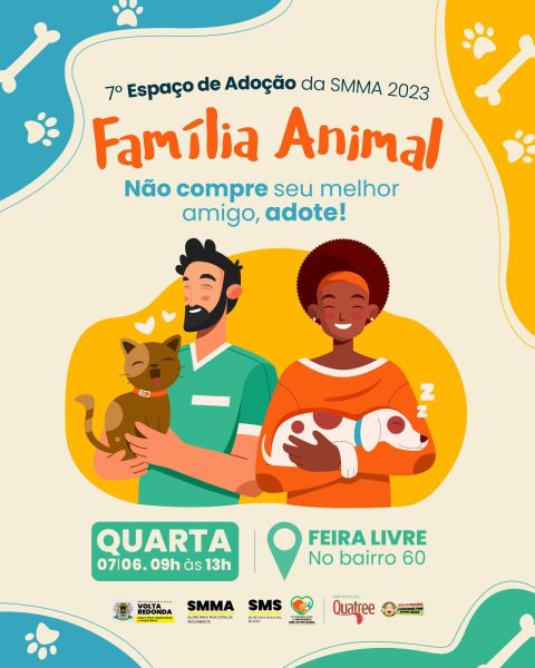 Secretaria de Meio Ambiente de Volta Redonda promove ‘Espaço de Adoção Família Animal’ na Feira Livre da Sessenta, nesta quarta-feira