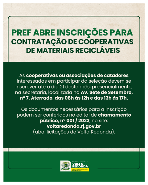 Volta Redonda abre inscrições para contratação de cooperativas de materiais recicláveis