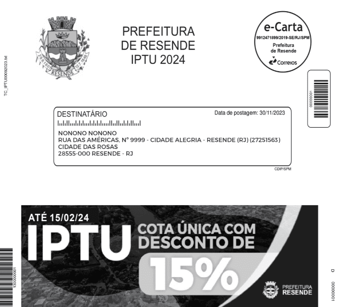 GUIAS PARA PAGAMENTO DO IPTU EM RESENDE PASSAM A SER ENVIADAS PELOS CORREIOS EM FORMATO DE CARTAS