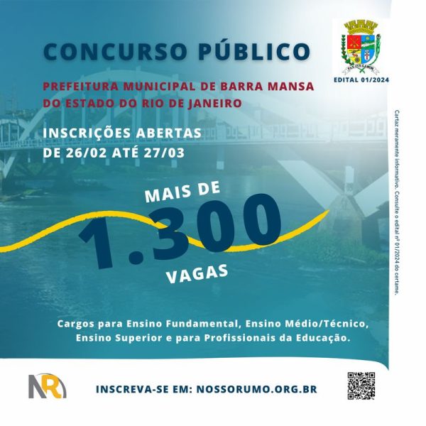 Estão abertas as inscrições para o Concurso Público da Prefeitura Municipal de Barra Mansa