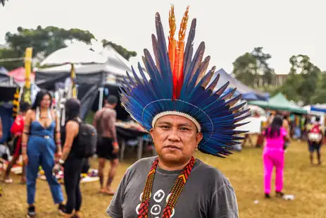 Brasília (DF), 23.04.2024 - Cacique Dário Kopenawa Yanomami fala sobre mudaça de clima em sua regiaão,  no Acampamento Terra Livre 2024
Foto: Joédson Alves/Agência Brasil
