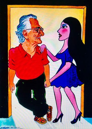 Arte/Jô Oliveira/Divulgação Brasília (DF), 26.07.2024 - Homenagem de Jô Oliveira ao amigo J. Borges, com o artista pernambucano e a personagem do famoso cordel A Chegada da Prostituta no Céu. Arte/Jô Oliveira/Divulgação