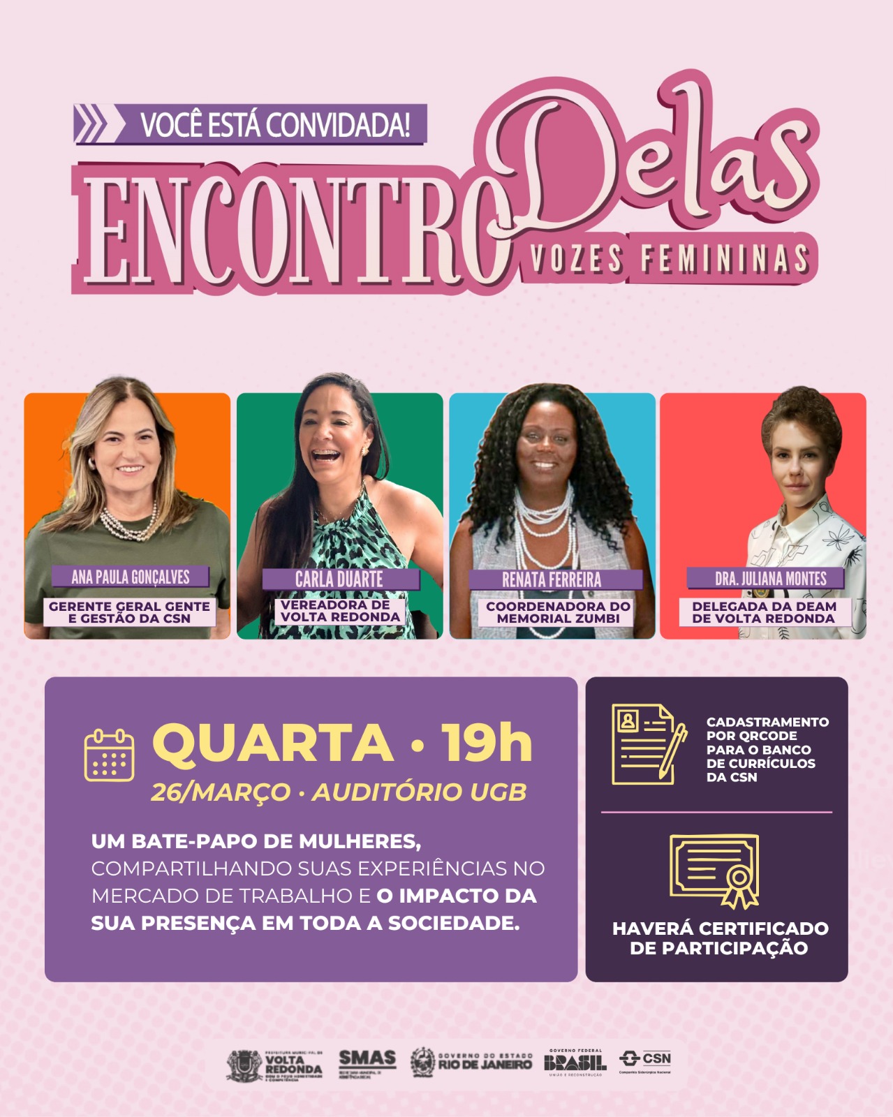 Prefeitura e CSN realizam evento ‘Encontro Delas – Vozes Femininas’ na próxima quarta-feira (26)