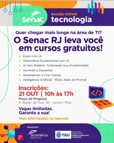 Escola-Móvel do Senac oferece cursos gratuitos de tecnologia da informação em Piraí