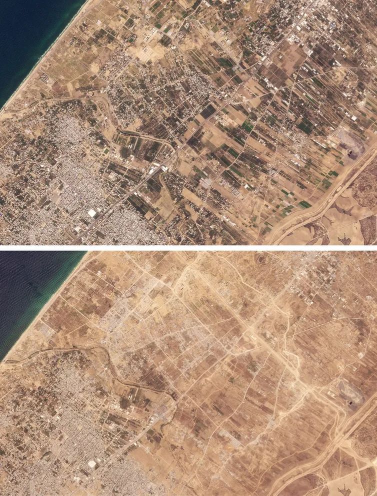 Comparação de datas em local durante guerra na Faixa de Gaza. Foto: Reuters/Planet Labs/Arquivo/Proibida reprodução