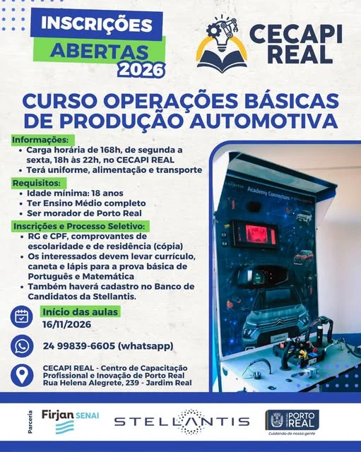Porto Real oferece curso gratuito de Produção Automotiva.