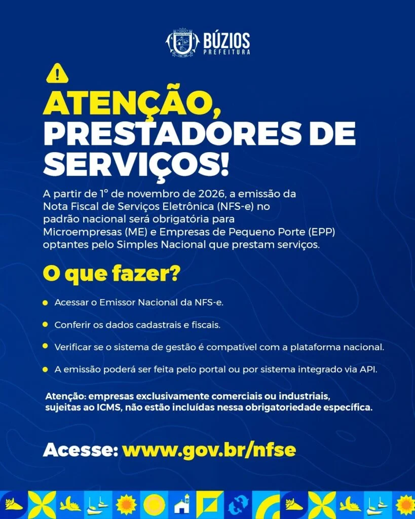 Prefeitura de Búzios informa sobre obrigatoriedade da Nota Fiscal de Serviços Eletrônica no padrão nacional a partir de novembro